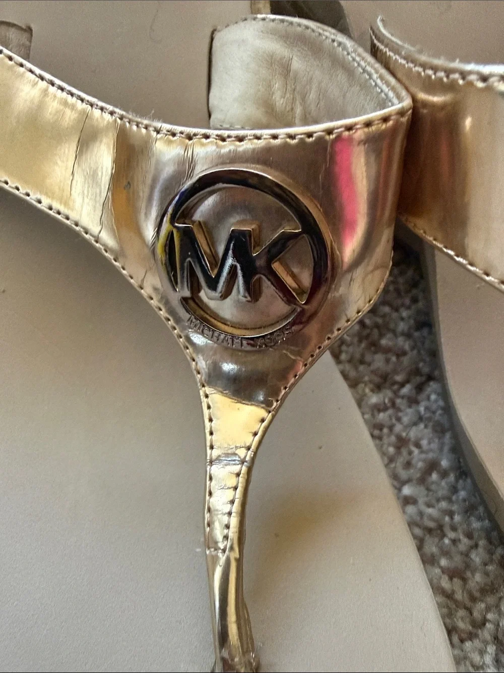 Michael Kors Metallic Gold Thong Sandals with MK Emblem